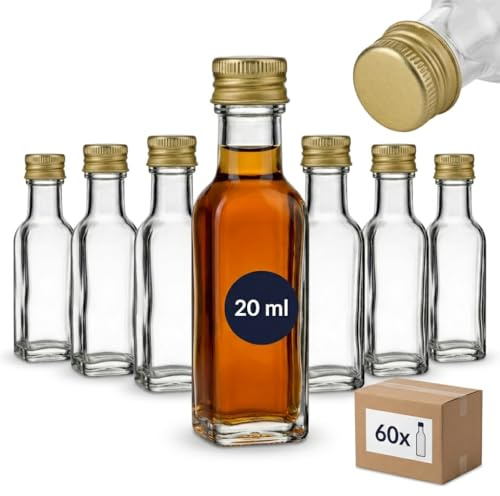 gouveo Lot de 60 bouteilles en verre Maraska de 20 ml avec bouchon à vis doré - mini bouteille de 0,02 l à remplir - bouteilles en verre pour liqueur, liqueur, huile ou pour l'artisanat (MFET020G)