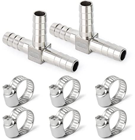 ERGAOBOY 2 stycken 8 mm rostfritt stål slangkoppling T-stycken, 3-vägs T-formad SUS 304 slanganslutning med 6 stycken klämmor