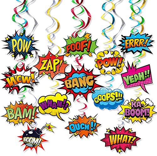 Superhelden-Hängewirbel, 30 Stück, Helden-Action-Schild, Folie, Deckenaufhängung, Banner, Dekoration, Girlande für Kinder, Superhelden-Babyparty, Feiern, Veranstaltungen, Geburtstagsparty,