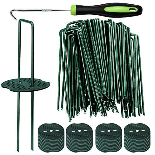 Bakulyor 50 Green Weed Control Membrane Pegs + 50 Buffer Washer, 6/150mm Artificial Grass Pegs, Ground Pegs, Metal Garden Pins for Netting Matting Cover Fabric Barrier Landscape Staples Stakes