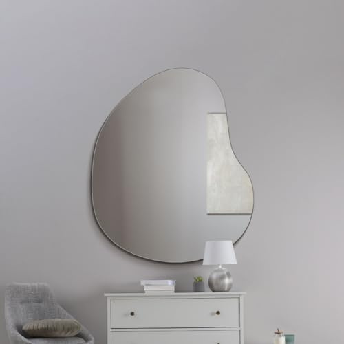 MirrorOutlet The Lapillus - Frameless Modern Pebble Pond Wall Mirror 47 X 39 (120CM X 100CM) Silver Mirror Glass with Black wooden Backing - Polished Edging