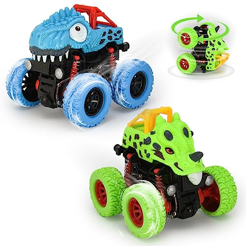 VoMii Monster Truck 2 Stück, Dinosaurier Spielzeugauto für Kinder ab 3-10 Jahre, 360° Stunt-Rotation, Große Gummiräder 4x4 Power Trägheitsbetriebene Fahrzeuge, Rennwagen Spielsets für Kinder