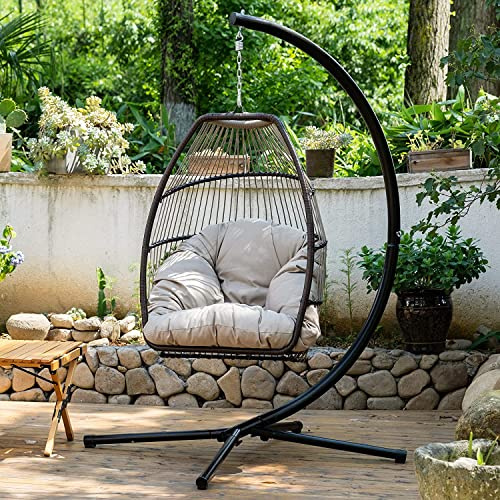 Capacmkseh Hanging Egg Swing Chair Outdoor Hammock with Stand, Wicker Rattan Patio Chair, Swings for Adults, Chairs Outside, Patio, Bedroom, Garden & Balcony