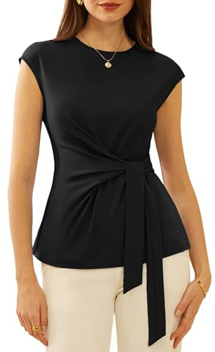 GRACE KARIN Crew Neck T Shirts for Women Summer Casual Office Tank Shirts Dressy Tie Front Cap Sleeve Blouses Black M