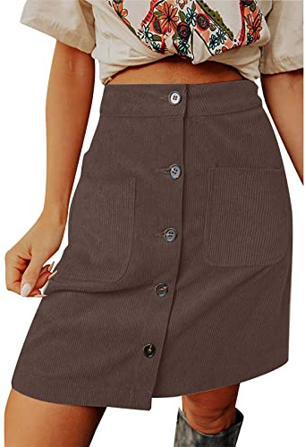 NSICBMNO Brown Cargo Skirts for Women UK Knee Length Skirts Pencil Plus Size Corduroy with Pockets Ladies Midi High Waisted Button Up Skirt Casual for Office Work