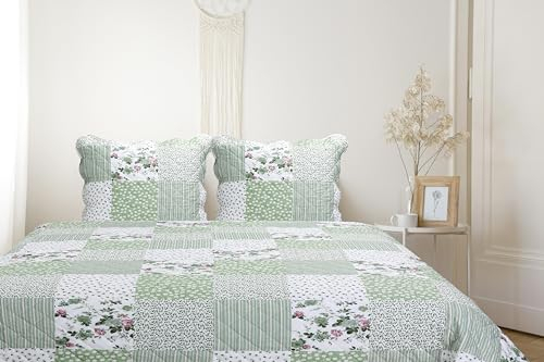 Autrefois Boutis Patchwork Vert Avril, Dessus de lit 230x250 cm avec 2 Taies d'oreiller 65x65 cm, Couvre-lit Matelassé 2 Personnes, Dessus de lit Fleurs