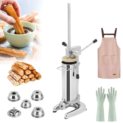 smafoseedding Donut-Füller Aus Edelstahl Für Desserts, Manueller Churro-Maker, Mit 4 Paar Handschuhen Und 5 Formen Und 1 Schürze, Edelstahlmaterial, Vertikale Verwendung, Einfach Zu Verwenden,2L