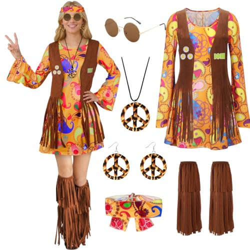 TOLOYE 70s Fancy Dress Women, Hippie Costume Outfit with Fringe Vest Boho Headband Necklace Set, 60s Disco Fancy Dress, 1970s Retro Hippie dress Hippy Clothes for Carnival Cosplay Party (M)