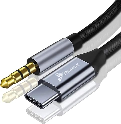 Reagle USB-C auf 3,5 mm Klinke AUX Kabel mit DAC - 1,5m, Stereo Audiokabel für Auto, Kopfhörer, Lautsprecher, Smartphone, Tablet und Laptop, Nylongeflecht, Aluminiumstecker, Schwarz