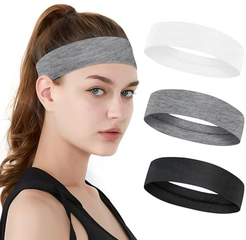 maxtachi Haarband Damen Sommer,3 Stück Hautfreundlich und Atmungsaktiv Haarband Damen,Flexibel und rutschfest,Für Yoga,Ballett,Laufen,Fußball und Basketball-Schwarz,Weiß,Hellgrau