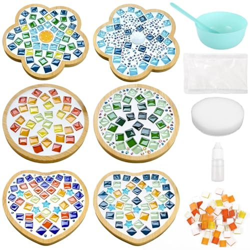 OMISTAR Mosaikfliesen zum Selbermachen, runde Herz-Blumenform, Mosaik-Pad für Untersetzer, handgefertigte Heimdekoration, Geschenke, gemischte Farben, Mosaik-Sets mit Holzuntersetzer, 6 Sets