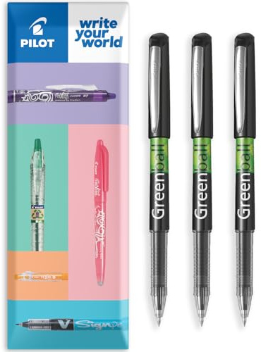 Pilot GreenBall Tintenroller Begreen 89 % recycelt, 3 x 0,7 mm Spitzen, ideal für Schreiben, Schule, Zuhause, Revision, Büro (Schwarz)