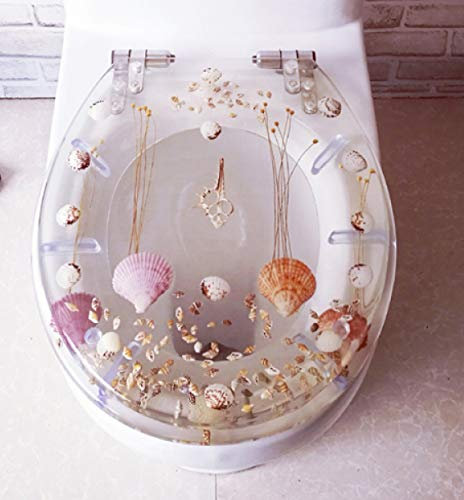 3D Real Flowers, Seashells & Sands Resin Toilet Seat Cover - Heavy Duty with Soft Close, U/V/O Type Compatible - Enhance Bathroom Decor - Top Fix Fittings