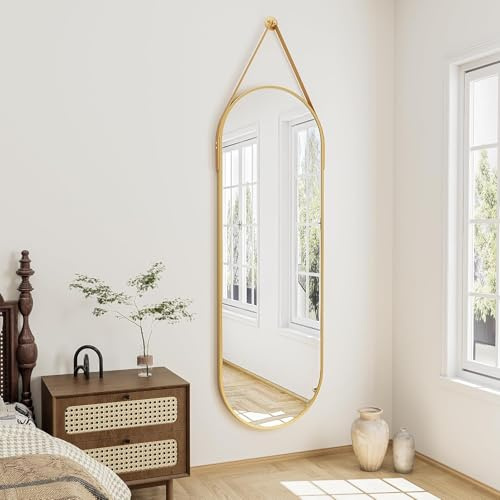 TinyTimes 48x16 Hanging Mirror with Leather Strap,Oval Full Length Mirror with Aluminum Frame Wall-Mounted Hanging Mirrors for Bathroom Vanity Living Room Bedroom Entryway Decor, Gold