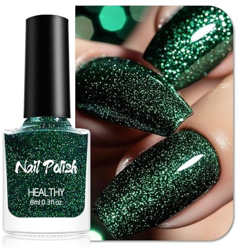 Green Nail Polish, Glitter Dark Green Nail Varnish, Quick Dry Long Lasting, Shimmer Sparkly Nail Glitter, Non Toxic Breathable No UV Needed Nail Polish, Nail Art Manicure for Women DIY Nail Art