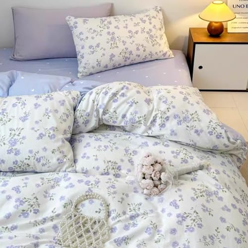 Freyamy Bettwäsche 135x200 4teilig Blau Weiß Blumen Herzen Bettwäsche Set