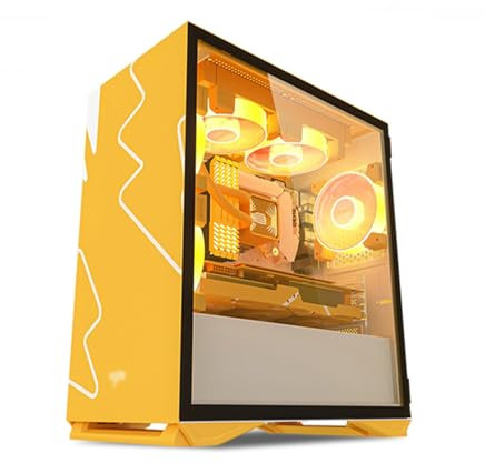 Caja De Computadora De Torre Media ITX/M-ATX con 5 Ventiladores ARGB, USB 2.0, USB 3.0, Audio HD Y Panel Lateral De Vidrio Templado.(Yellow)