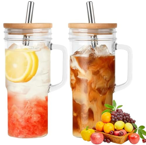 DYUEE Iced Coffee Cup Glass Tumbler 2Pcs Glass Cups with Handle Reusable | Drinking Glasses Bottle Wide Mouth Bubble Tea Mug with Lid & Stainless Steel Straws, for Smoothie Cocktail Whiskey Milk