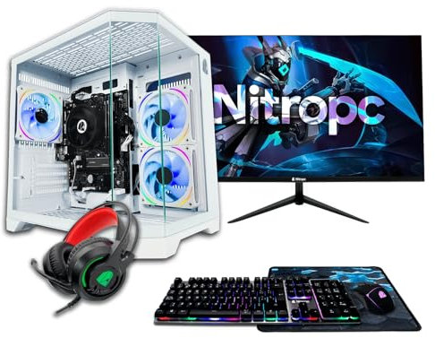 NitroPC - Pack Bronze | PC Gaming Completo (AMD Ryzen 5 5655G 6/12 4.4GHz, RX Vega 7, RAM 16GB, M.2 1TB, Windows 11 Pro| WiFi5, Monitor 24, Teclado, ratón, Auriculares) Ordenador sobremesa (Blanco)