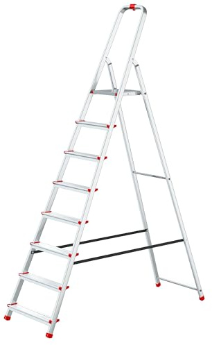 Baulich - Aluminium Leiter - 8-stufige einseitige Haushaltsleiter, Haken und Füße 4 Stück inklusive - Ergonomisches Design, leicht zu transportieren - 237x52x12cm - Belastbarkeit bis 125 kg