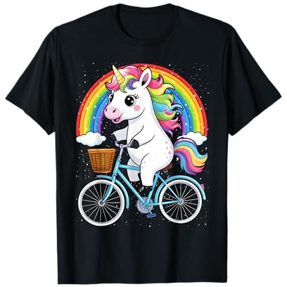 Unicorn Riding Bicycle Rainbow Cycling Women Girls T-Shirt