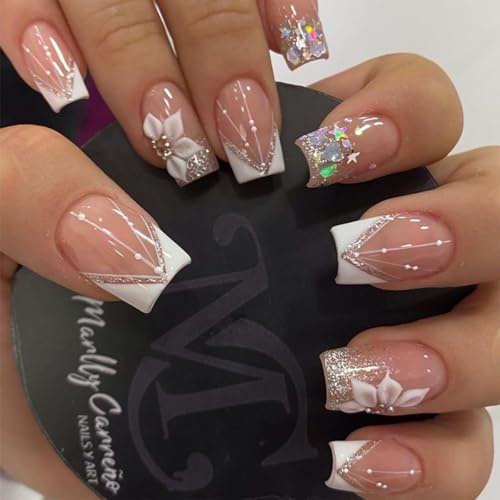 JUSTOTRY 24 Stück Weiß French Nägel Zum Aufkleben Mittel,Glitzer Sarg Press on Nails mit Blumen Muster,Glossy Ballarina Fake Nails Mittellang,French Fingernägel zum Aufkleben für Frauen
