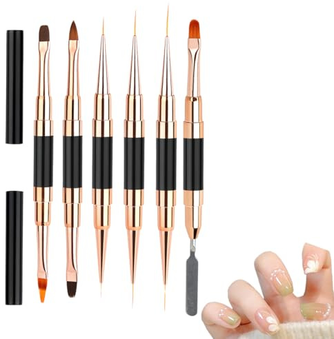 OUDQFCJ Lot de 6 Pinceaux Nail Art Acrylique, Pinceaux Double Face pour Détails et Design Ongles, Idéal pour Lignes Fines, Gel Ongle, DIY Nail Art à Domicile ou Salon