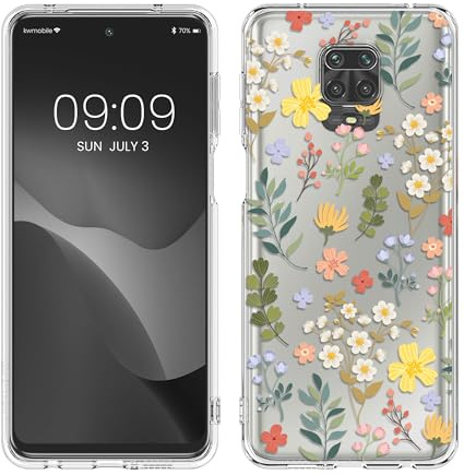 kwmobile Custodia Compatibile con Xiaomi Redmi Note 9S / 9 Pro / 9 Pro Max - Cover Silicone TPU - Protezione Back Case - Fiori Incantevoli giallo/verde/trasparente