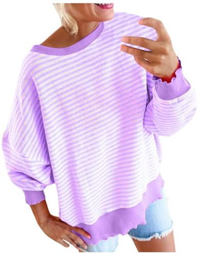 Generisch 2025 Cuello Redondo Rayas Impreso Suéter Sin Suéter Suéter Lila Mujer, morado, XXL