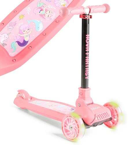FableKids Hopfällbar Sparkcykel för Barn med LED-hjul | Justerbar Höjd, Fotbroms | Från 3 År | Maxvikt 50 kg | Flamingo