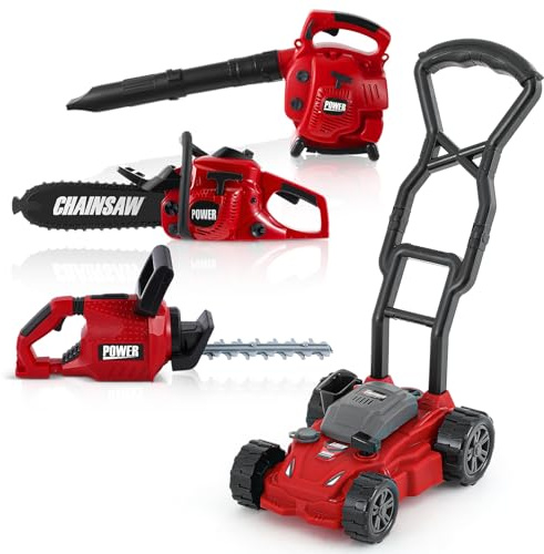 Arrowbash 4 Pcs Toy Gardening Tool Set for Kids Toy Leaf Blower Chainsaw Hedge Trimmer Push Lawn Mower Battery Play Set Christmas Birthday Party Gift for Boys Girls