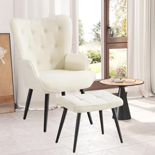 Ckaff Fauteuil Salon avec Repose-Pieds, Fauteuil Scandinave Relax en Boucé avec Accoudoirs & Dossier, Chaise Chambre pour Salle à Manger, Salon, Chambre, Chaise Bureau, Allaitement, Blanc