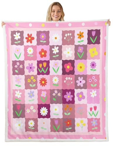 Coperta in pile bohémien, motivo floreale con margherite, per bambini, ragazze, ragazzi, adulti, plaid rosa patchwork peloso, acquerello a pois sherpa, decorazione per sedia, divano, letto, 152 x 203