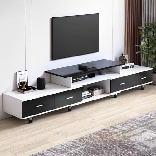 TV-Schrank Ausziehbar 120-170cm mit 4 Schubladen & 3 Regalen, Lowboard für Fernseher bis zu 65 Zoll, Tv Board mit Metallgestell & Verstellbaren Füßen, Stauraum Möbel für Wohnzimmer, Weiß & schwarz