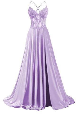 WISIYLE Vestido de dama de honor de satén para mujer, vestido de cóctel plisado con abertura DSJ002, Lila, 58