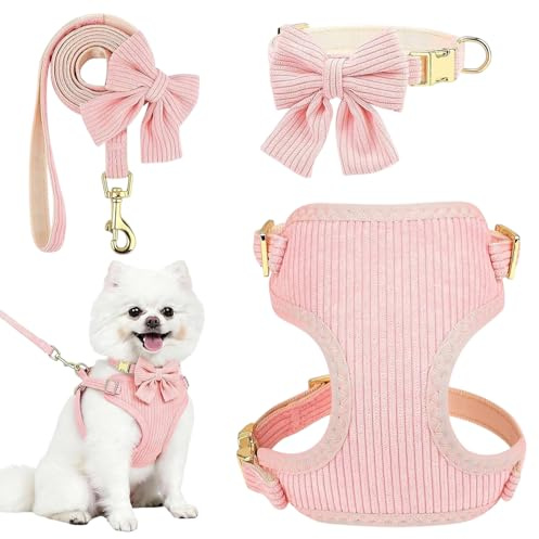 Hundegeschirr, 3 Stück Verstellbar Hunde Geschirr Mit Schleife, Geschirr für kleine und mittelgroße Hunde (Rosa, Größe S)