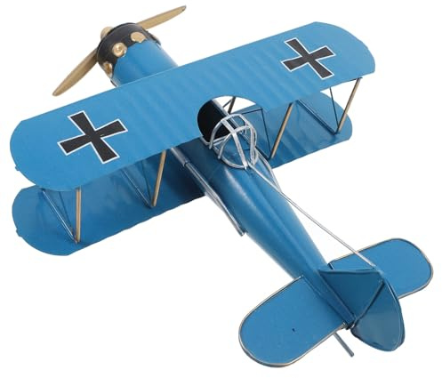 VANZACK Modelo de Avión Biplano de Hierro Vintage, Decoración de Escritorio Azul, Maqueta Metálica Retro para Coleccionistas y Hogar, Pieza Única de 1 Unidad para Ambiente Nostálgico