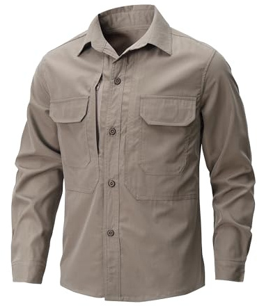 CoXuantion Camisa de Manga Larga para Hombre Exterior Protección UV Funcional Camisa Ligera Transpirable para Senderismo Pesca Caminar y Viajar S,Caqui