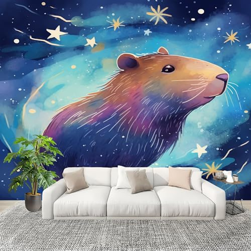 Fotomurales Papel pintado 200x140 cm Dibujos Animados Animales Carpincho Papel Pintado Fotográfico Panoramico Decorativos Dormitorio sala Azul Murales Papel Tapiz Antimoho Removibles, Grandes