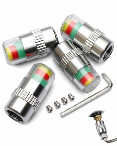 VAEIROP Tapones Rueda Coche Kit 4 Uds | Control Presión Visual + Tornillos Antirrobo y Llave | Monitoreo Instantáneo, Previene Reventones y Estabilidad Vehicular