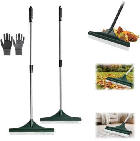 Rastrello Multifunzionale per Prato e Tappeti, Spazzola per Erba Sintetica con Manico Telescopico Regolabile, Spazzola Manuale per Prato Artificiale, Tappeti, Peli di Animali e Giardino (2 PCS)