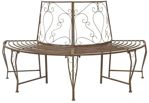 Holekex Trädbänk, 4-sits, 160 x 80 x 89 cm, stål, antikbrun, väderbeständig, trädgårdsbänk, halvcirkelformad med ryggstöd för terrass, balkong, utomhus, veranda