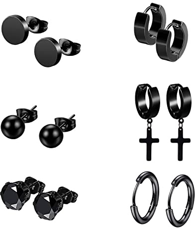 6 Paires Acier Inoxydable Boucles d’Oreilles pour Homme Femme Clou d’Oreille Boucle d'oreille Croix Homme Femme, Boucles d Oreilles Homme Diamant, Boucle d Oreille Argent Or Noir