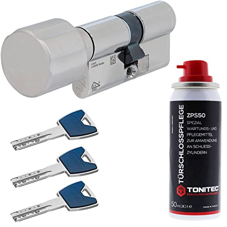 ToniTec Set aus ABUS Schließzylinder EC880 inkl. 3 Schlüssel modular verschiedenschließend Knaufzylinder 35/55K|Türzylinder Sicherheitsschloss mit Sicherungskarte und ToniTec Pflegespray
