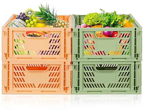 Regalkörbe 4 Set Plastik Lagerkisten Faltbar Aufbewahrungsboxen Küche Schubladeneinsätze Stapelbare Regal Körbe Lagerkästen Transport boxen Schrankbehälter Cubes Home Office Schlafzimmer- Rosa + grün