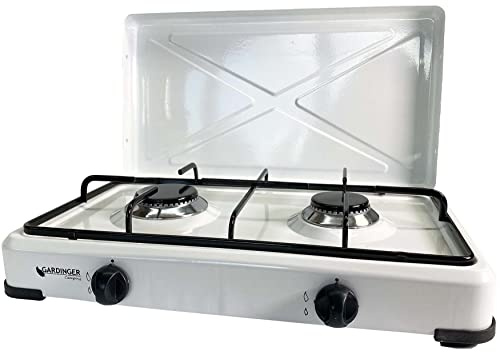 GARDINGER Campingkocher Duo weiß zweiflammig Propankocher Gaskocher Set mit Gasschlauch und Druckregler (mit Deckel)