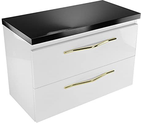 paplinskimoebel - Waschbeckenunterschrank mit Aufsatz 80 cm Breit Girona, Badezimmerschrank mit Aufsatz, Unterschrank für Aufsatzwaschbecken, Waschtischunterschrank Hochglanz - Weiß/Schwarz