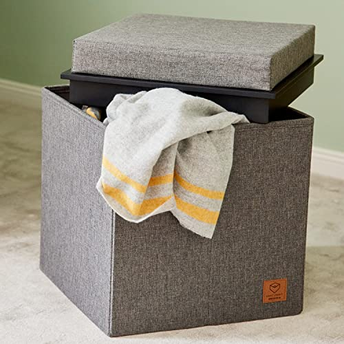 LOVE IT STORE IT - Cubo Sgabelli Premium - Pouf, Vassoio E Box Di Stoccaggio In Uno - Lino - Pieghevole - Rinforzi In Legno - 37x37x40cm - Grigio Screziato