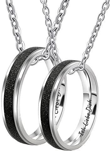 Epinki Partner Kette Personalisiert Edelstahl mit Ring Anhänger, Matte mit Gravur Ich Liebe Dich Partner Ketten Set, Silber Schwarz, Breite 4MM - Herrenkette 60cm, Damenkette 50cm