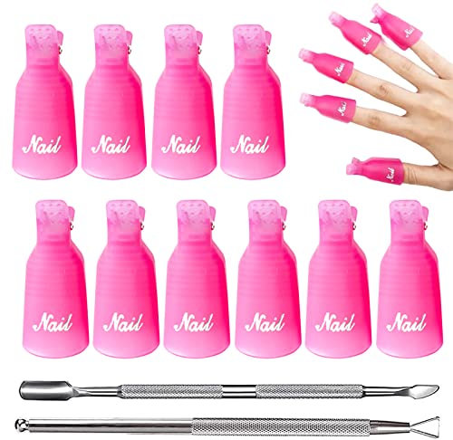 Ongles Outil Dissolvant, 10 Pièces Acrylique Ongles Dissolvant Clips avec 2 Coupe Cuticules, Tremper Capuchons Plastique Ongles Remover Nail Clips, RoseRouge